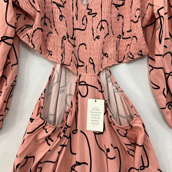 New Eloquii size 22 Pink Black Abstract Smocked Bodice Cut-out Midi Dress - Picture 5 of 11